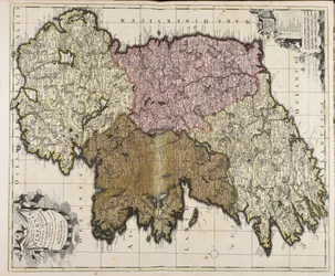Novissima et accuratissima regni et insulae Hiberniae delineatio: in qua sunt Lagenia, Ultonia, Connachia et Momonia provinciae: divisae in triginta duos comitatus qui et sunt divisi in omnes subjacentes baronnatus / per Petrus Schenk